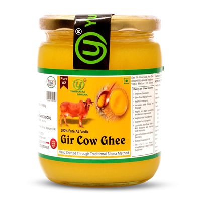 Yugmantra Organic Foods -100 % Natural Pure & Fresh Danedar A2 Milk Gir Desi Cow Ghee 500 ml | Bilona Method | Lab tested | Desi Ghee | Highly Nutritious | Made in Small Batches | Premium Glass Jar Packing | Boost Immunity & Energy | Make in India Aw