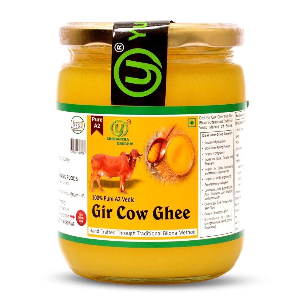 Yugmantra Organic Foods -100 % Natural Pure & Fresh Danedar A2 Milk Gir Desi Cow Ghee 500 ml | Bilona Method | Lab tested | Desi Ghee | Highly Nutritious | Made in Small Batches | Premium Glass Jar Packing | Boost Immunity & Energy | Make in India Aw
