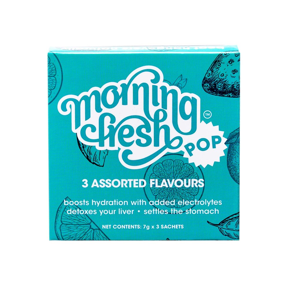 Morning Fresh Anti Hangover Cure and Liver Protection POP Sachet - (ASSORTED Flavors, 3 Sachets in 1 Box) Boosts hydration | Reduces hangovers | Effervescent mix with Vitamin-C, Mulberry Leaf extract & Proteins| No Caffeine & Sugar | |Clinically Prov