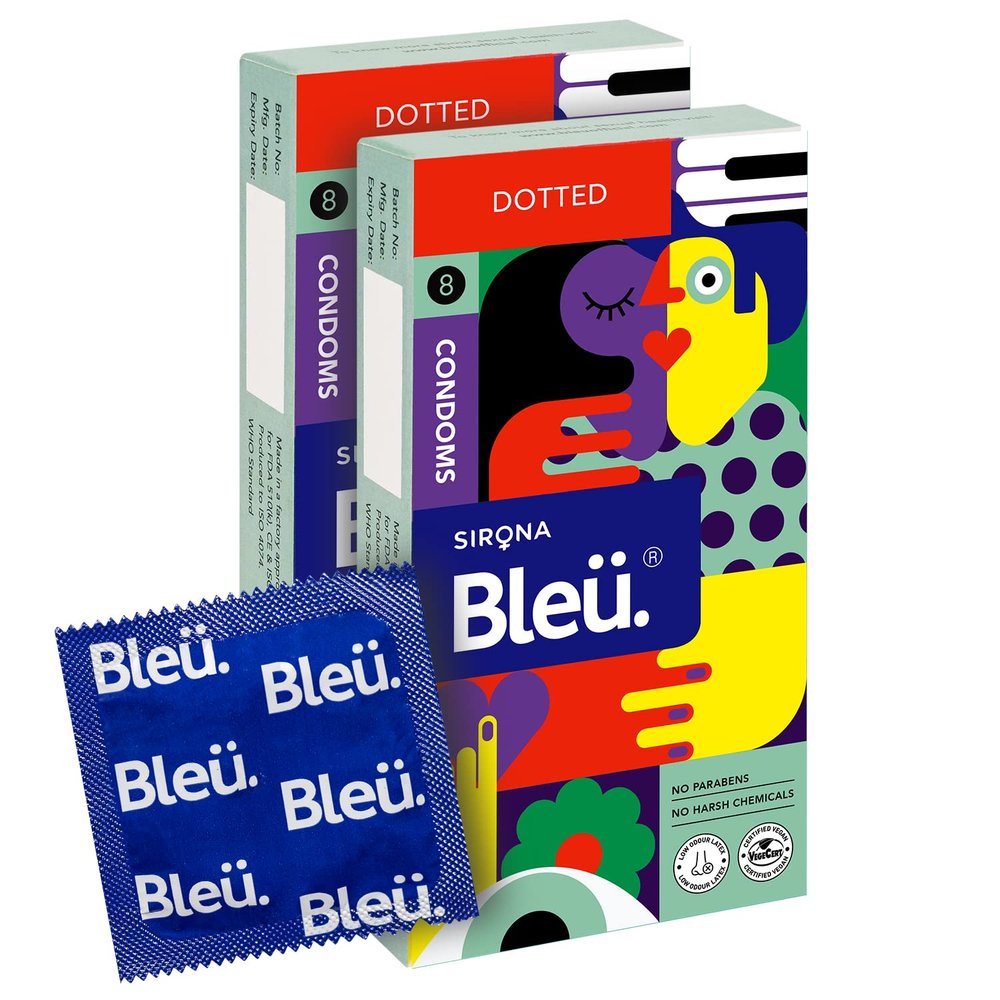 Bleu Vegan & 100% Natural Latex Dotted Condoms for Men | with Extra Dots | Toxin Free - 8 Count (Pack of 2)