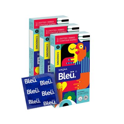 Bleu Vegan & 100% Natural Latex, 3-In-1 Condoms for Men -8 Count (Pack of 3) | Dotted, Ribbed & Contour Shaped