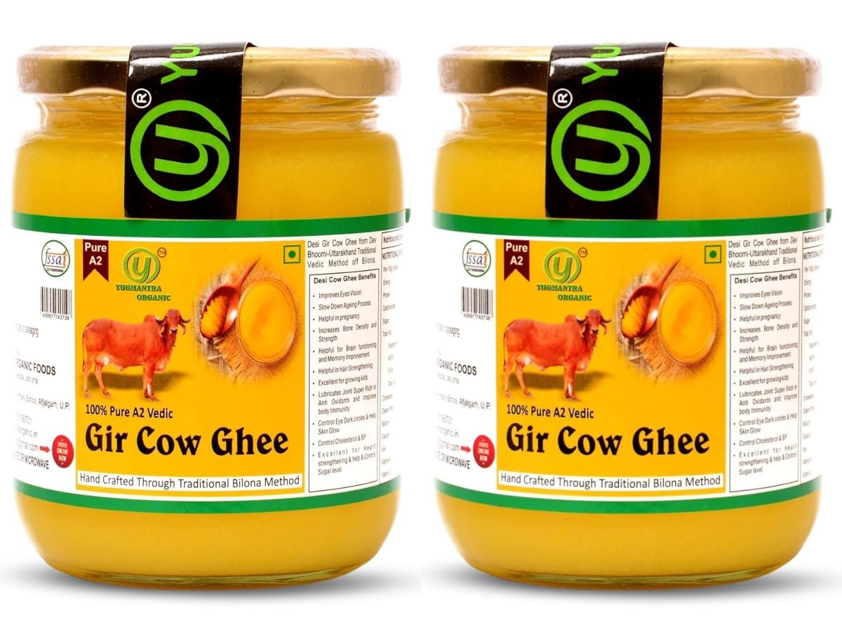 Yugmantra Organic Foods Desi Gir Cow Ghee (500 ml x 2 = 1000 ML) | Traditional Bilona Method | Lactos and Gluten free | Grassfed, Natural And Healthy Desi Cow Ghee | Glass Bottel