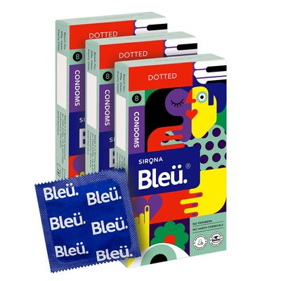 Bleu Vegan & 100% Natural Latex Dotted Condoms for Men | with Extra Dots | Toxin Free - 8 Count (Pack of 3)
