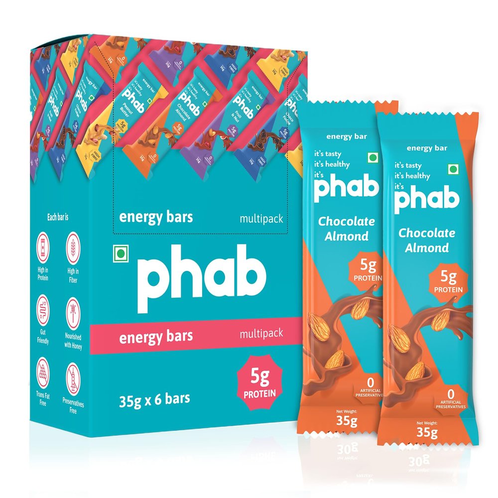 Phab Chocolate Almond 5g Protein Bar| Energy & nutrition | High Fibre & Gut-friendly | Sweetened with Honey,Trans Fat Free & No Preservatives | Loaded With 21% Nuts | Healthy & Tasty (Pack of 6 x 35g)