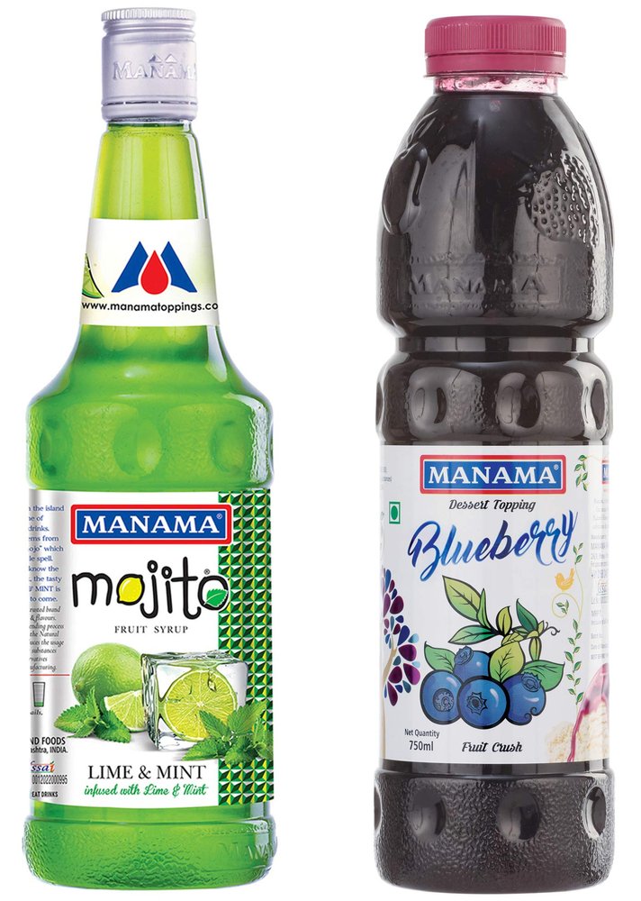 Manama Lime and Mint Mojito Flavoured Syrup & Manama Blueberry Whole Fruit Crush, 750ML Each, Pack of 2