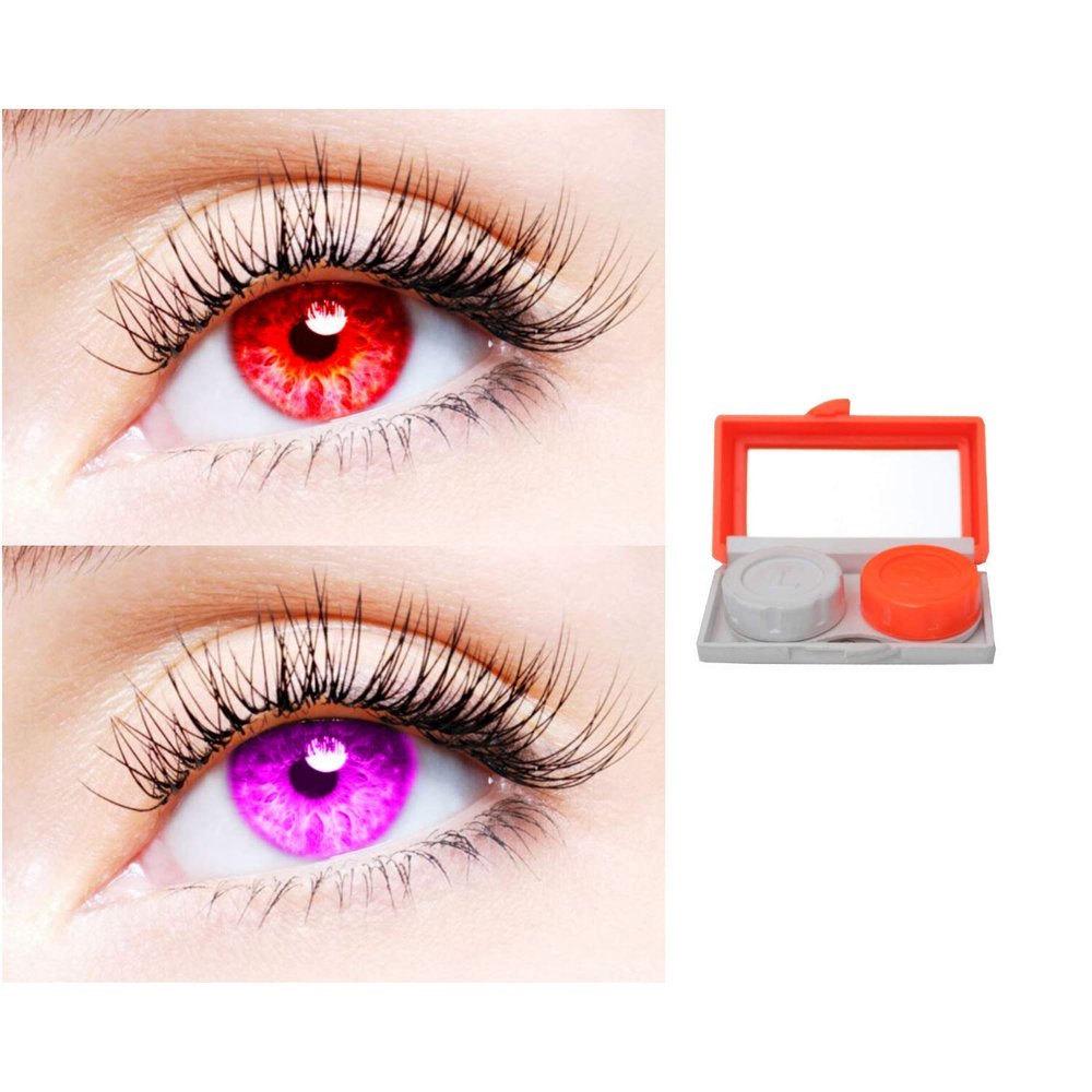 2 Pair Monthly Colored Contact Lenses Zero Power With 1 Lens Travel Kit (Red-Violet)