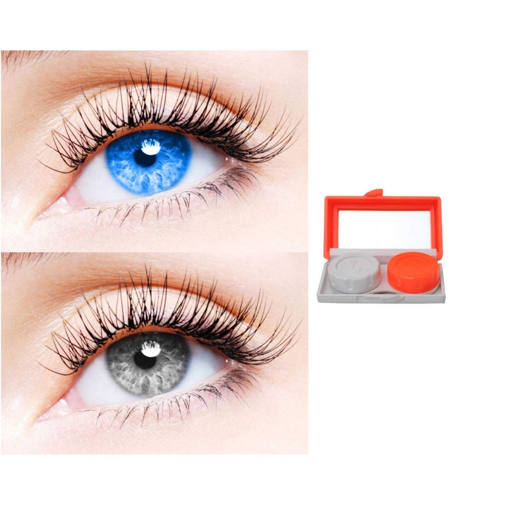 2 Pair Monthly Colored Contact Lenses Zero Power With 1 Lens Travel Kit (Light Blue-Grey)
