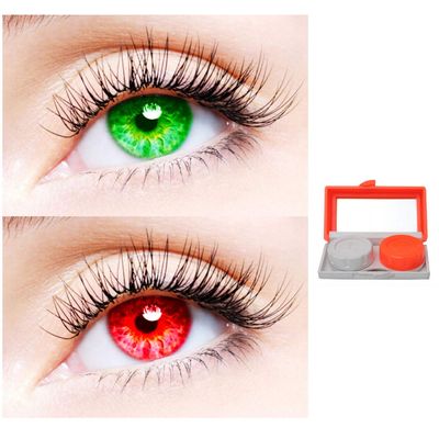 2 Pair Monthly Colored Contact Lenses Zero Power With 1 Lens Travel Kit (Green-Red)