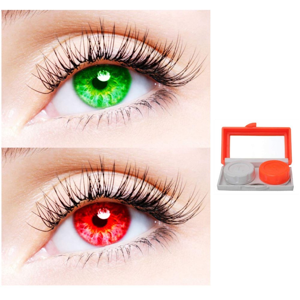 2 Pair Monthly Colored Contact Lenses Zero Power With 1 Lens Travel Kit (Green-Red)