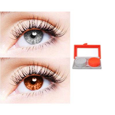 2 Pair Monthly Colored Contact Lenses Zero Power With 1 Lens Travel Kit (Grey-Brown)