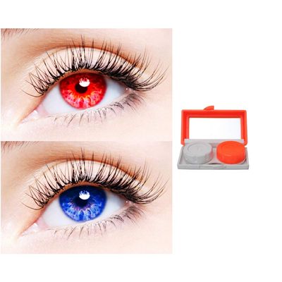 2 Pair Monthly Colored Contact Lenses Zero Power With 1 Lens Travel Kit (Red-Blue)