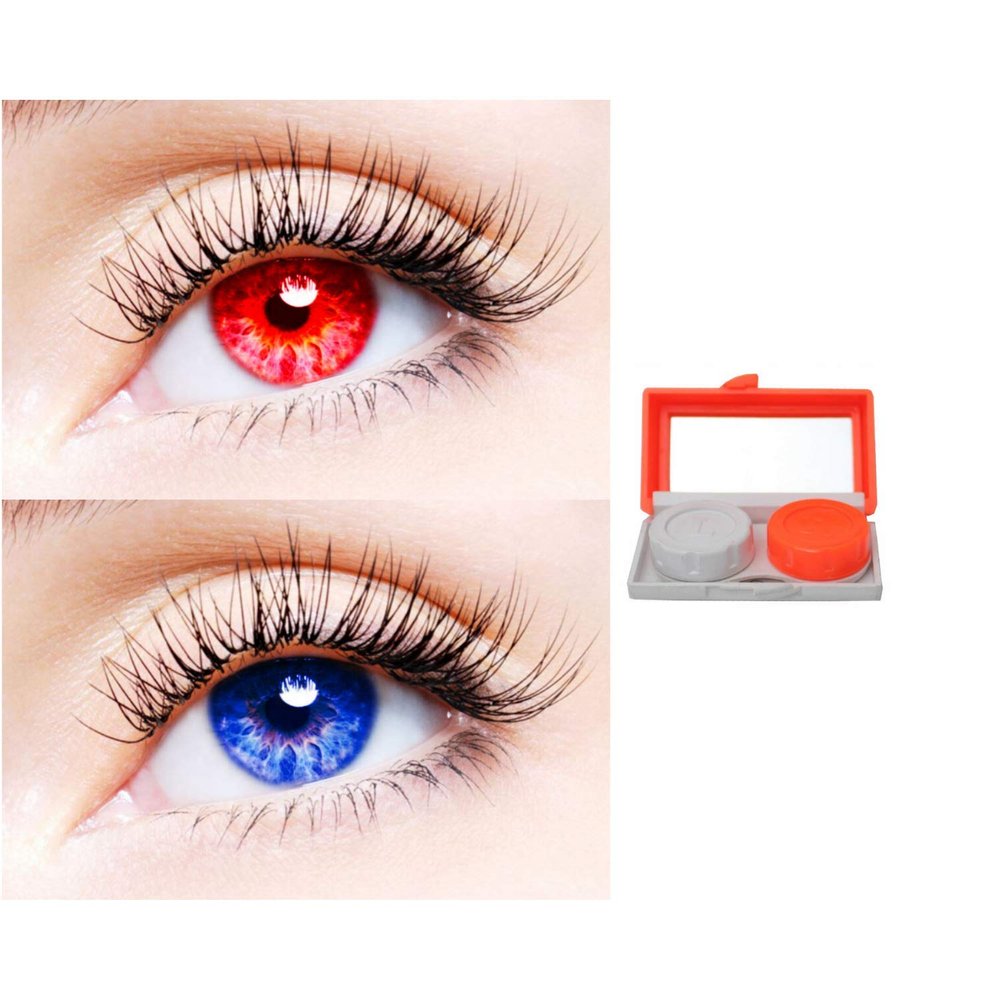 2 Pair Monthly Colored Contact Lenses Zero Power With 1 Lens Travel Kit (Red-Blue)