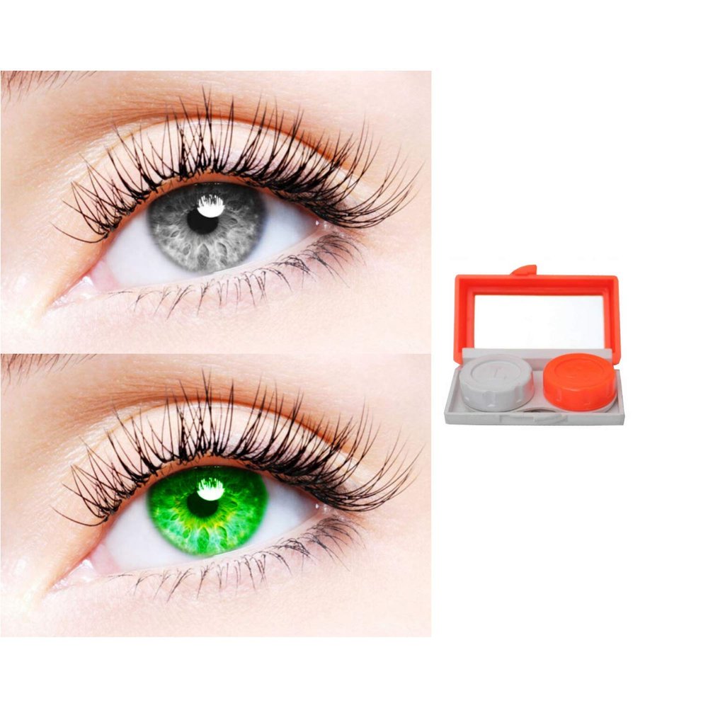 2 Pair Monthly Colored Contact Lenses Zero Power With 1 Lens Travel Kit (Grey-Green)