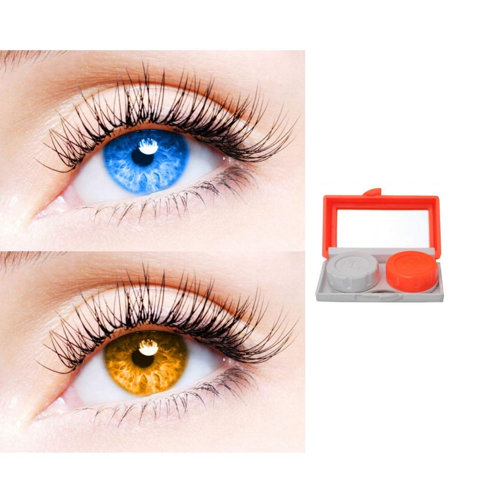 2 Pair Monthly Colored Contact Lenses Zero Power With 1 Lens Travel Kit (Light Blue-Honey)