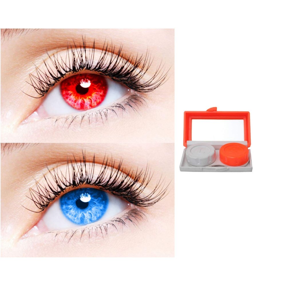 2 Pair Monthly Colored Contact Lenses Zero Power With 1 Lens Travel Kit (Red-Light Blue)