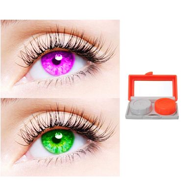 2 Pair Monthly Colored Contact Lenses Zero Power With 1 Lens Travel Kit (Violet-Green)