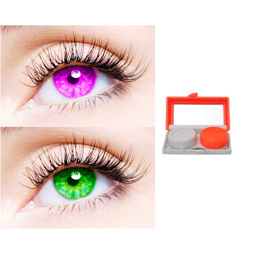 2 Pair Monthly Colored Contact Lenses Zero Power With 1 Lens Travel Kit (Violet-Green)