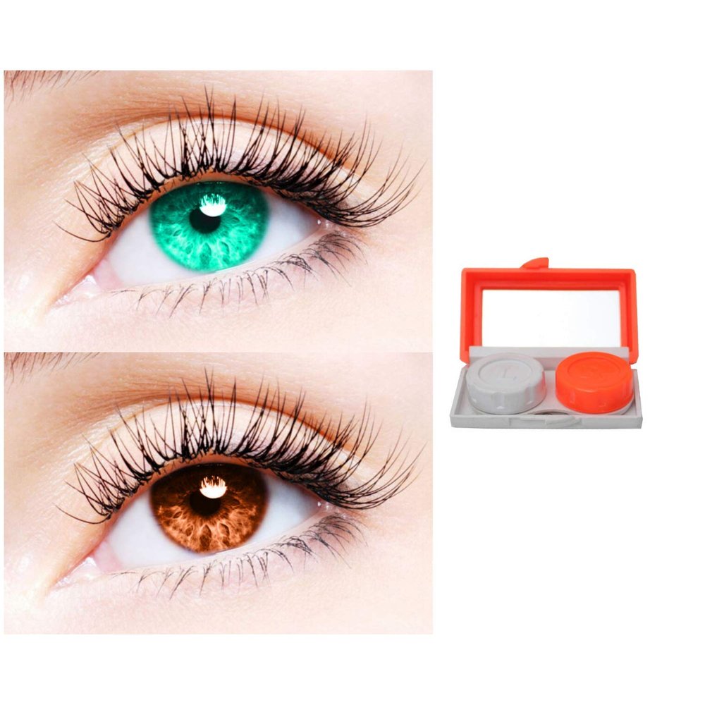 2 Pair Monthly Colored Contact Lenses Zero Power With 1 Lens Travel Kit (Sea Blue-Brown)
