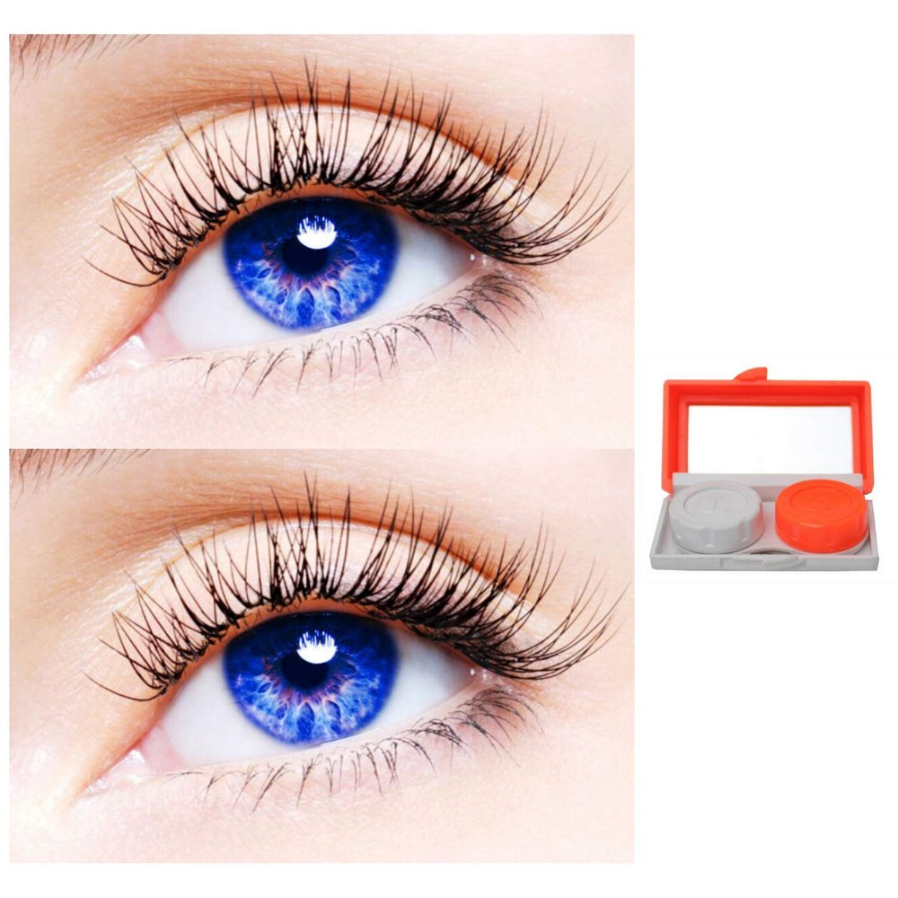 2 Pair Monthly Colored Contact Lenses Zero Power With 1 Lens Travel Kit (Blue-Blue)