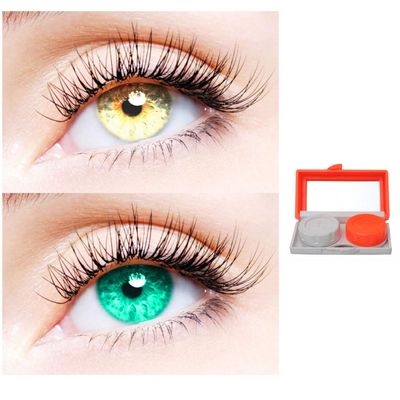 2 Pair Monthly Colored Contact Lenses Zero Power With 1 Lens Travel Kit (Gold-Sea Blue)
