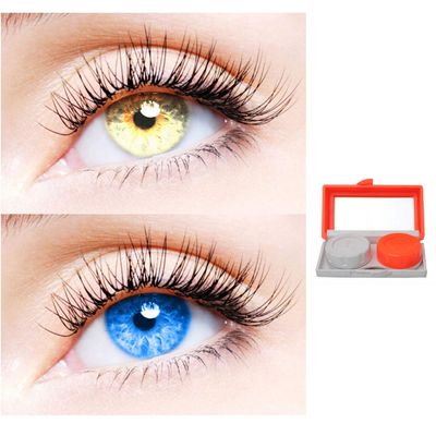 2 Pair Monthly Colored Contact Lenses Zero Power With 1 Lens Travel Kit (Gold-Light Blue)