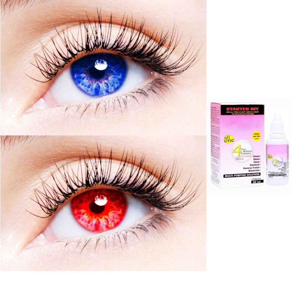 2 Pair Monthly Colored Contact Lenses Zero Power With 30 ml Solution (Blue-Red)