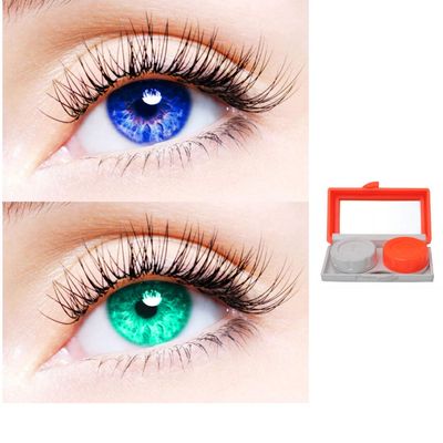 2 Pair Monthly Colored Contact Lenses Zero Power With 1 Lens Travel Kit (Blue-Sea Blue)