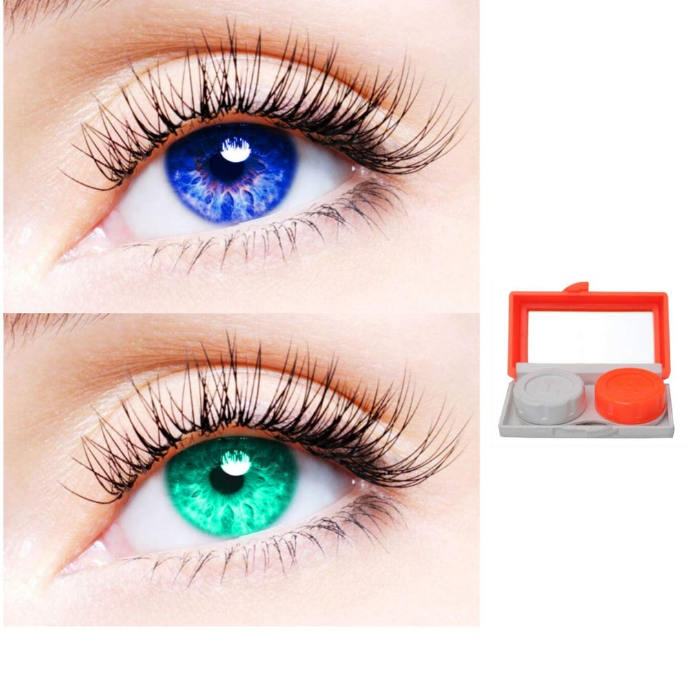 2 Pair Monthly Colored Contact Lenses Zero Power With 1 Lens Travel Kit (Blue-Sea Blue)