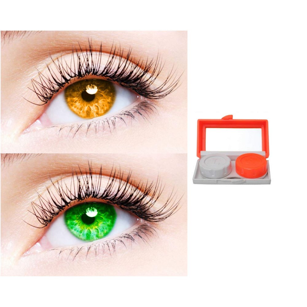 2 Pair Monthly Colored Contact Lenses Zero Power With 1 Lens Travel Kit (Honey-Green)