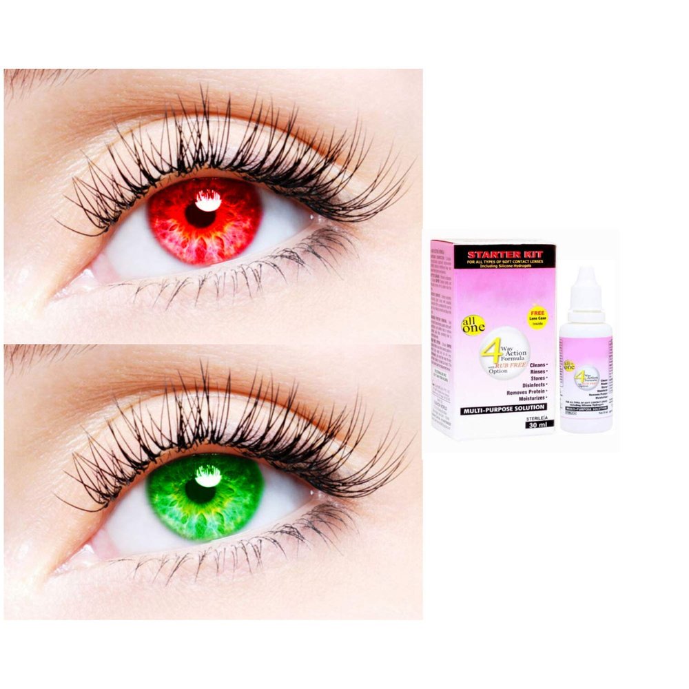 2 Pair Monthly Colored Contact Lenses Zero Power With 30 ml Solution (Red-Green)