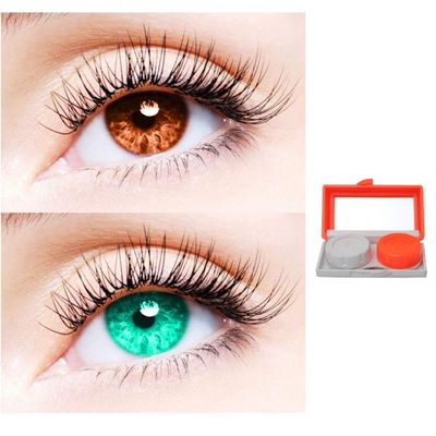 2 Pair Monthly Colored Contact Lenses Zero Power With 1 Lens Travel Kit (Brown-Sea Blue)