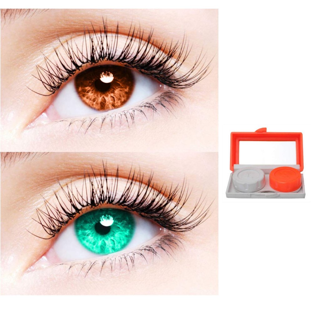2 Pair Monthly Colored Contact Lenses Zero Power With 1 Lens Travel Kit (Brown-Sea Blue)