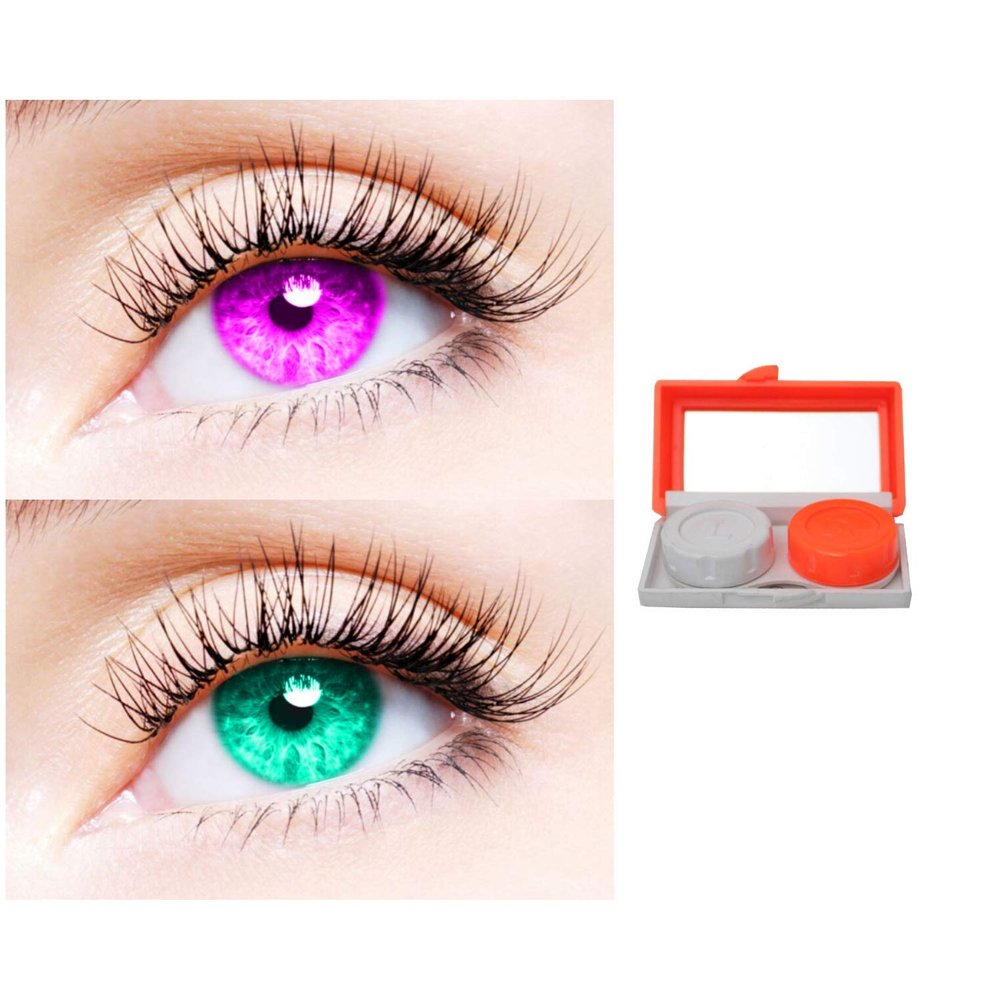 2 Pair Monthly Colored Contact Lenses Zero Power With 1 Lens Travel Kit (Violet-Sea Blue)