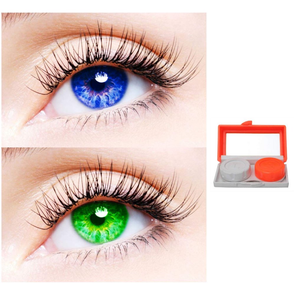 2 Pair Monthly Colored Contact Lenses Zero Power With 1 Lens Travel Kit (Blue-Green)
