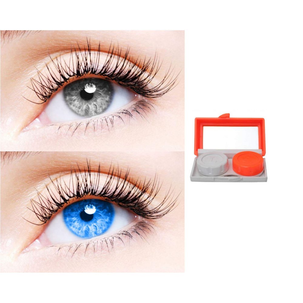 2 Pair Monthly Colored Contact Lenses Zero Power With 1 Lens Travel Kit (Grey-Light Blue)