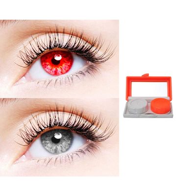 2 Pair Monthly Colored Contact Lenses Zero Power With 1 Lens Travel Kit (Red-Grey)