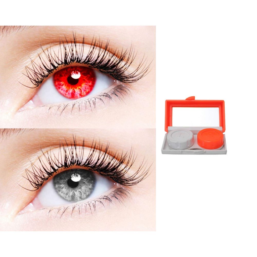 2 Pair Monthly Colored Contact Lenses Zero Power With 1 Lens Travel Kit (Red-Grey)