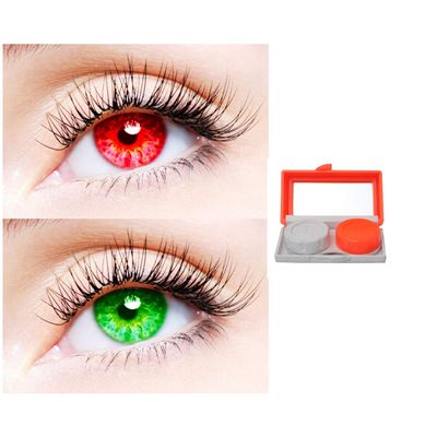 2 Pair Monthly Colored Contact Lenses Zero Power With 1 Lens Travel Kit (Red-Green)