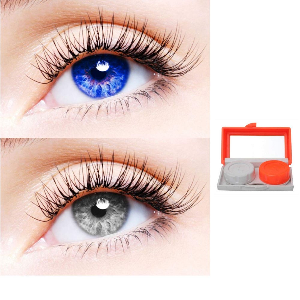2 Pair Monthly Colored Contact Lenses Zero Power With 1 Lens Travel Kit (Blue-Grey)