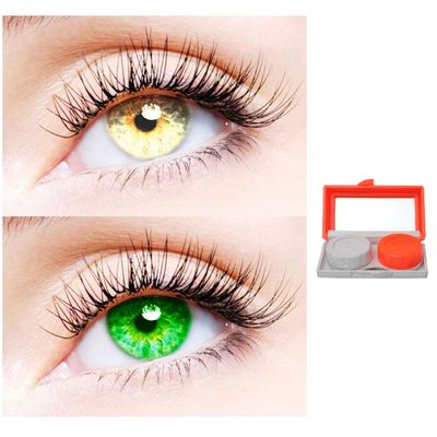 2 Pair Monthly Colored Contact Lenses Zero Power With 1 Lens Travel Kit (Gold-Green)