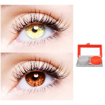 2 Pair Monthly Colored Contact Lenses Zero Power With 1 Lens Travel Kit (Gold-Brown)