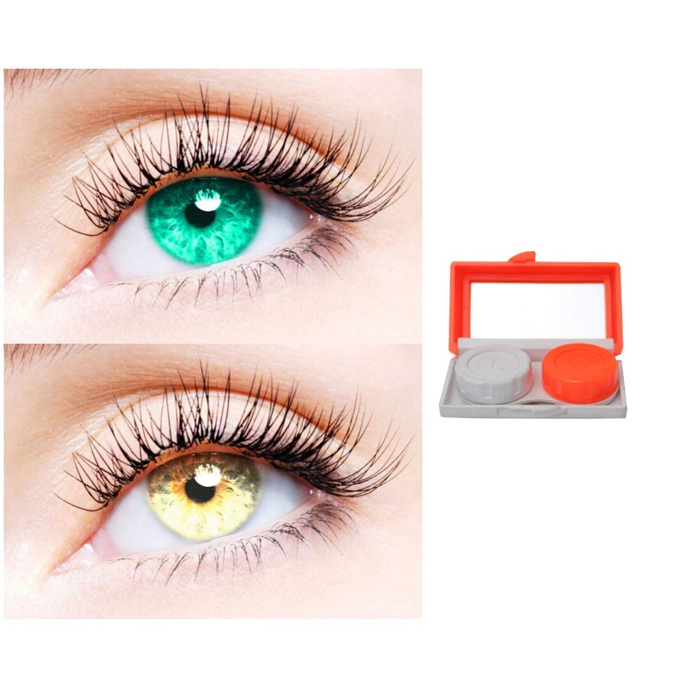 2 Pair Monthly Colored Contact Lenses Zero Power With 1 Lens Travel Kit (Sea Blue-Gold)
