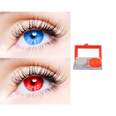 2 Pair Monthly Colored Contact Lenses Zero Power With 1 Lens Travel Kit (Light Blue-Red)