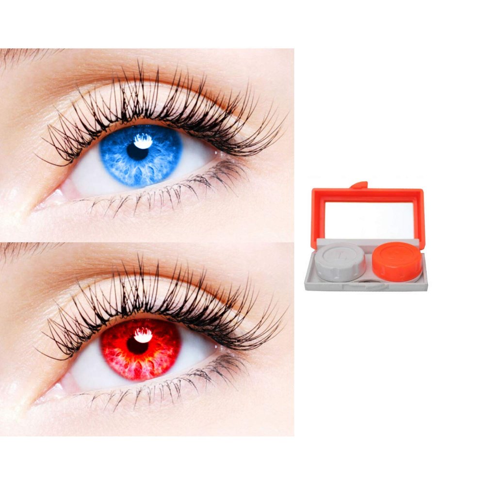 2 Pair Monthly Colored Contact Lenses Zero Power With 1 Lens Travel Kit (Light Blue-Red)