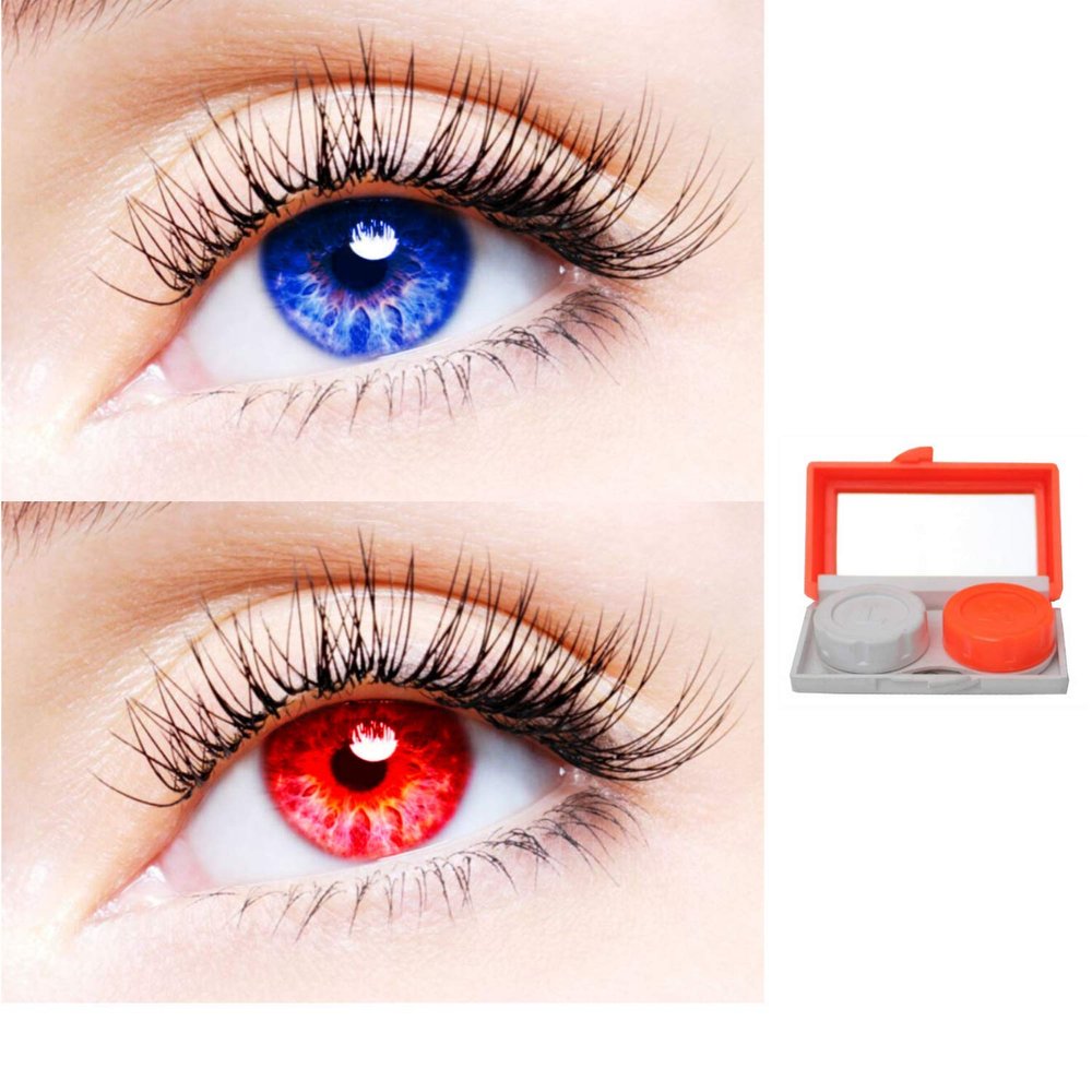2 Pair Monthly Colored Contact Lenses Zero Power With 1 Lens Travel Kit (Blue-Red)
