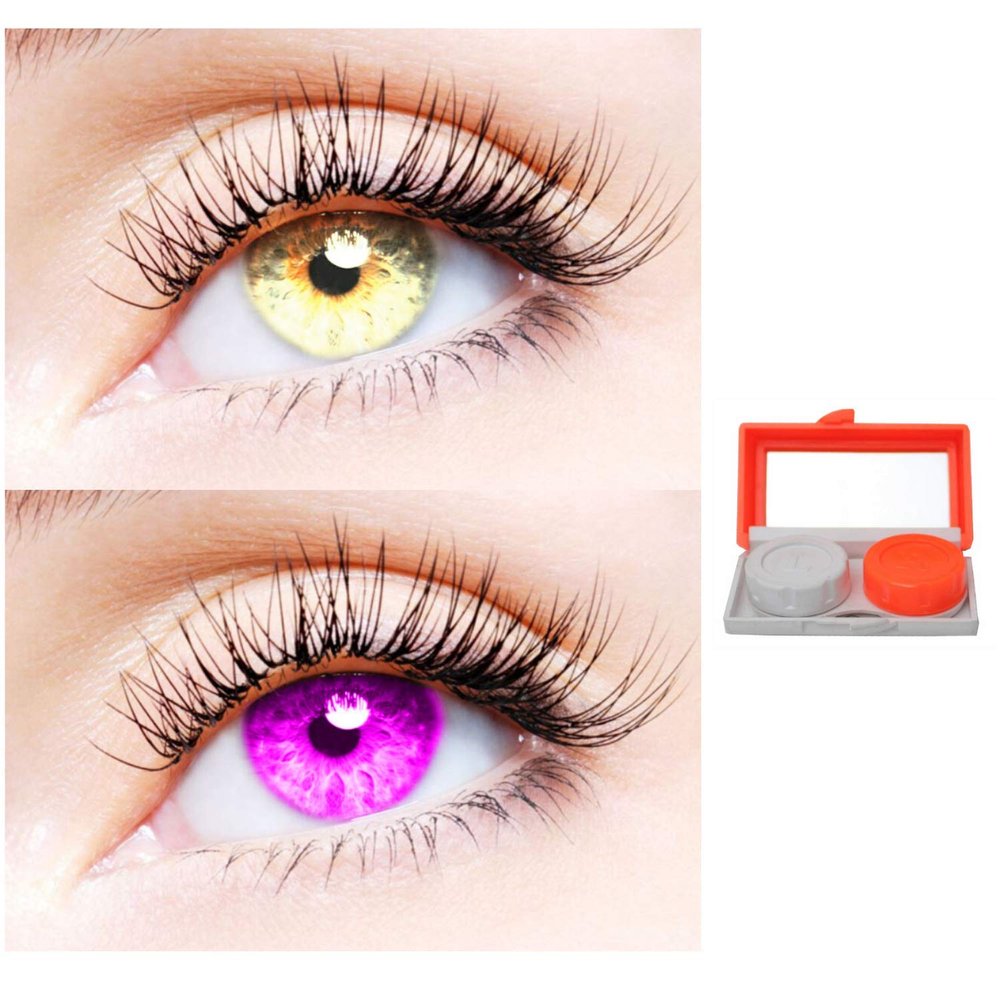 2 Pair Monthly Colored Contact Lenses Zero Power With 1 Lens Travel Kit (Gold-Violet)