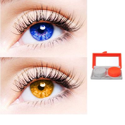 2 Pair Monthly Colored Contact Lenses Zero Power With 1 Lens Travel Kit (Blue-Honey)