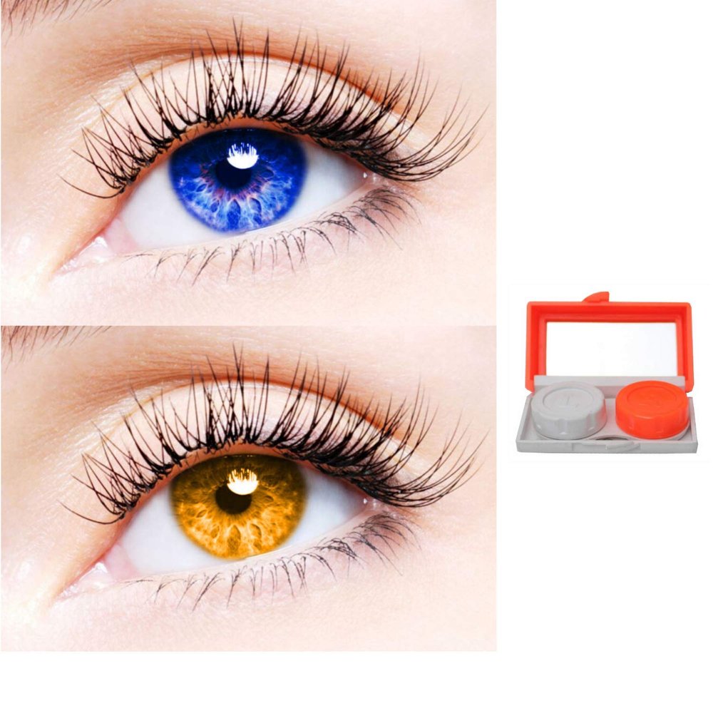 2 Pair Monthly Colored Contact Lenses Zero Power With 1 Lens Travel Kit (Blue-Honey)