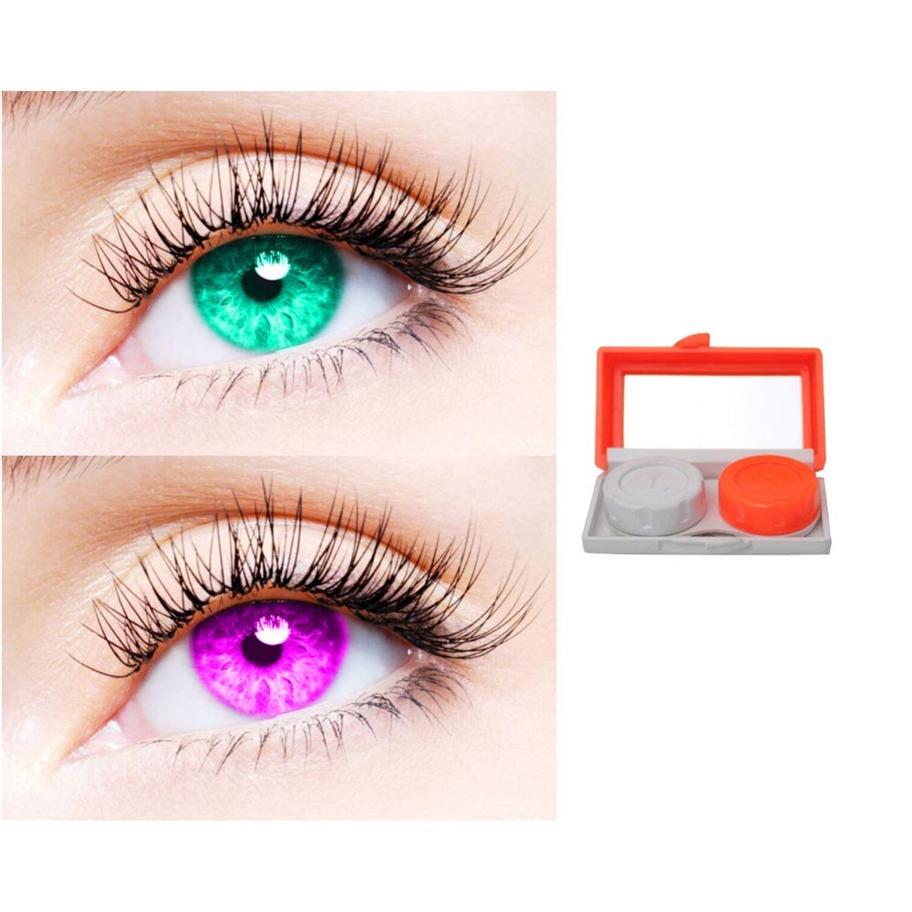 2 Pair Monthly Colored Contact Lenses Zero Power With 1 Lens Travel Kit (Sea Blue-Violet)