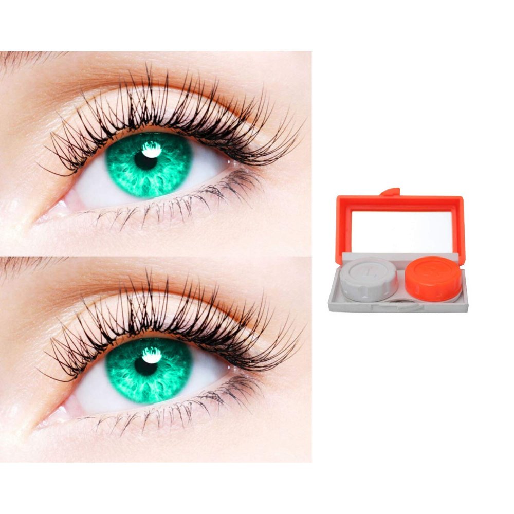2 Pair Monthly Colored Contact Lenses Zero Power With 1 Lens Travel Kit (Sea Blue-Sea Blue)